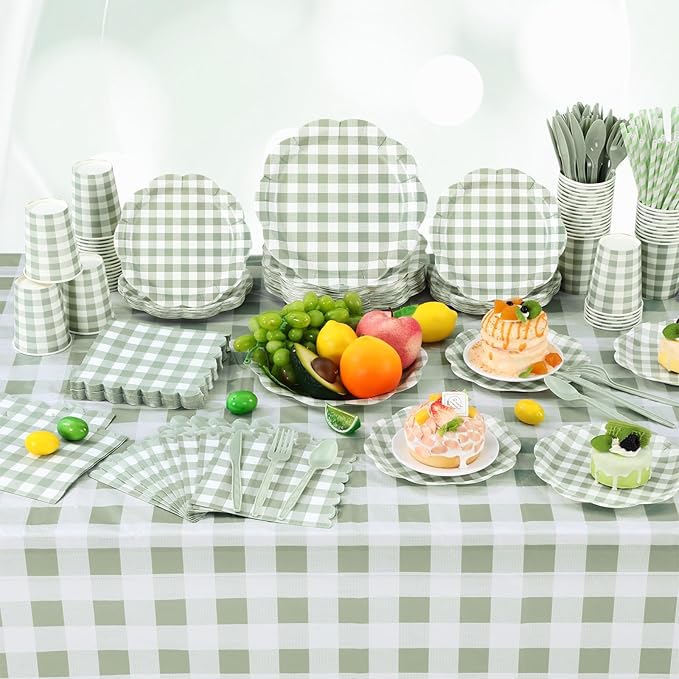 452 Pcs Sage Green Gingham Party Decorations Include White and Green Checkered Paper Plates Napkins Cups Tablecloth Cutlery Straws for Birthday Baby Shower Wedding Party Supplies