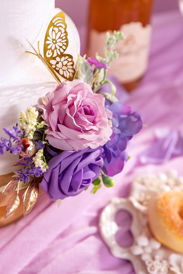 TINGE TIME 3Pcs Pre-made Cake Toppers, Silk Artificial Flowers Decor, Cake Decorations for Weddings, Birthdays, Party,Baby Shower,Celebration (Purple)