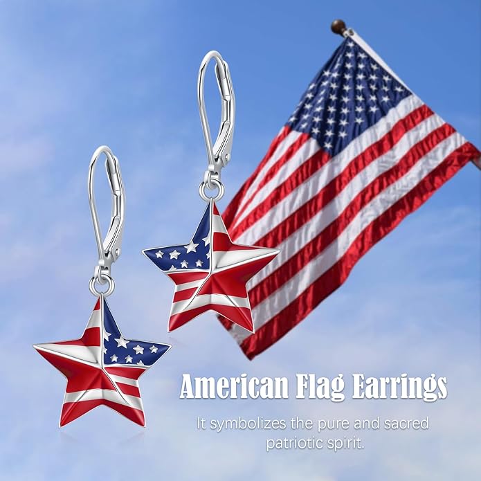 American Flag Earrings for Women 925 Sterling Silver Red White and Blue Star Dangle Drop Leverback Earrings 4th of July Jewelry Patriotic Memorial Day Christmas Gifts