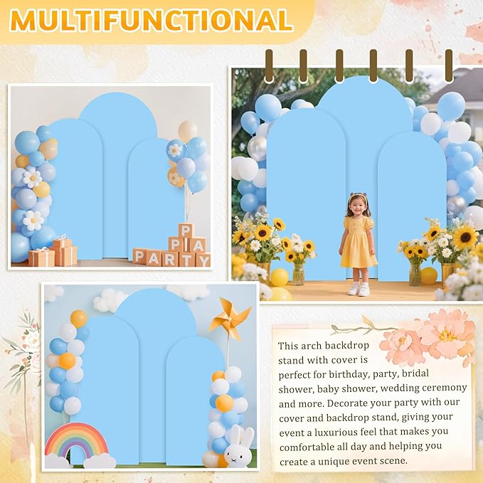 Backdrop Arch Stand with Cover 6&6.6&7.2ft Baby Blue Backdrop Arch Cover Set of 3 Metal Arch Backdrop Stand and Covers Set Gold Wedding Arched Frame for Wedding Party Banquet Event Decor
