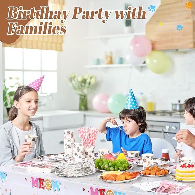 452 Pcs Cat Birthday Party Decorations for 50 Guests, Cat Paper Plates Napkins Cups Tablecloth Cutlery Straws Disposable Tableware Set for Kitten Lover Birthday Party Supplies
