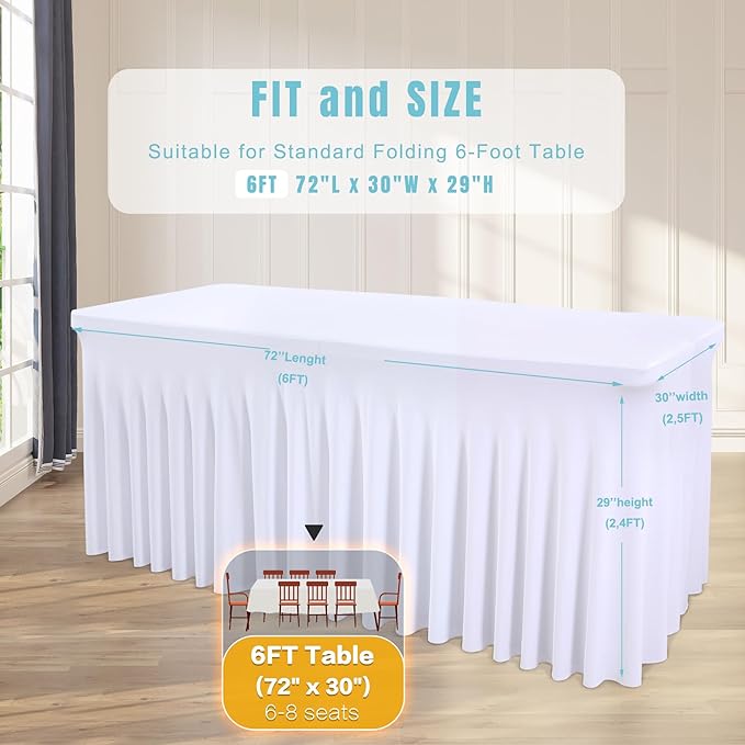 2 Packs White Spandex Tableclothes for 6 Foot Rectangle Tables, Wrinkle Free 6ft Fitted Table Cover Stretch Table Cloth Desk Skirt for Weddings Baby Shower Birthday Party Banquet Decorations