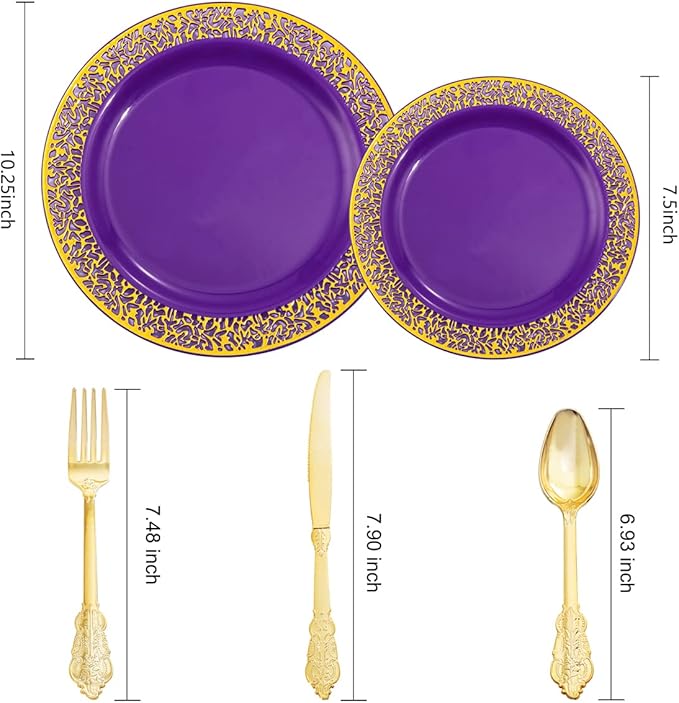 U-QE 150PCS Purple Gold Plastic Plates with Gold Silverware, Gold Plastic Plates for Party & Wedding Include 30 Dinner Plates 10.25", 30 Salad Plates 7.5", 30 Forks, 30 Knives, 30 Spoons