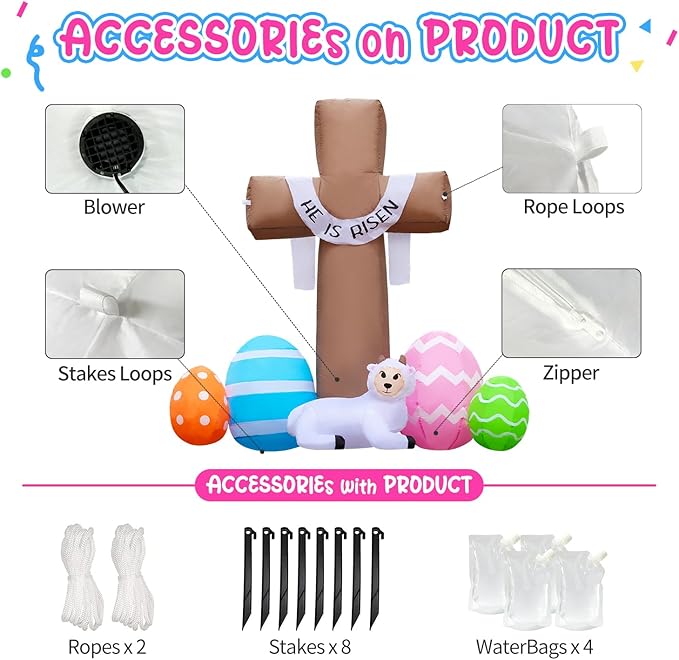 New 6FT Easter Inflatable Outdoor Decorations He is Risen Cross, Build-in LED Lights Holiday Blow Up Yard Decoration, for Easter Holiday Party, Outdoor,Garden, Yard Lawn Décor