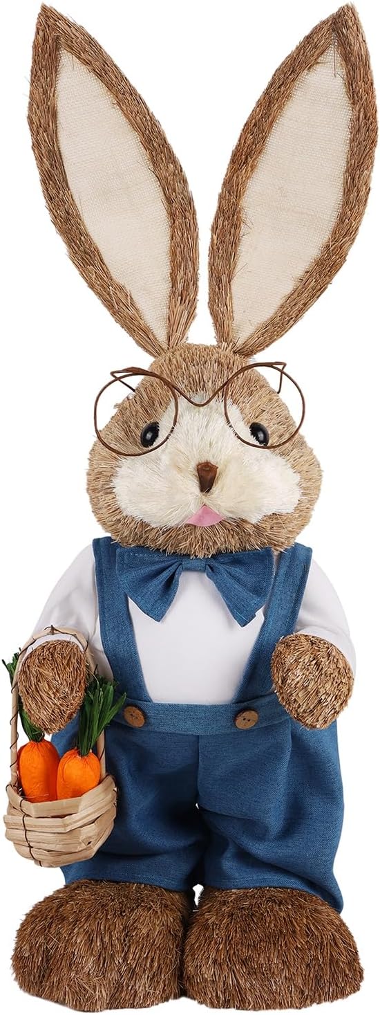 Juegoal Easter Straw Bunny Decorations, 32"(2.6FT) Extra Large Standing Mr. Bunny Figurine, Handmade Easter Rabbit Statues, Cute Photo Props Gifts for Office Kitchen Farmhouse Spring Home