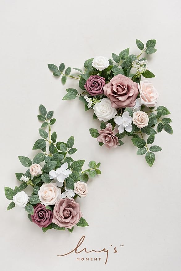 Ling's moment 2pcs Wedding Artificial Floral Swag Welcome Sign Flowers Backdrop Garland Dusty Rose Pink Cream for Ceremony Reception Door Wall Home Decorations Entryway Outdoor Board Table Decor