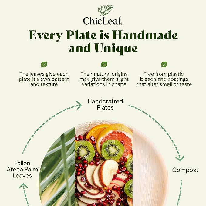 Chic Leaf Round Palm Leaf Plates - 10-Inch & 7-Inch, Pack of 48 - Compostable Disposable Bamboo Plates for Parties, Winter Cozy Dinner, Wedding & Valentines'day Romantic Candlelit Home Dining