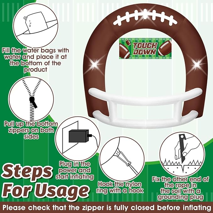 8FT Brown and White Football Helmet Inflatable Arch with Game Day Banner, Giant Outdoor Blow Up Football Helmet with Built-in 3 LED Lights for Football Themed Birthday Party Lawn Yard Decoration