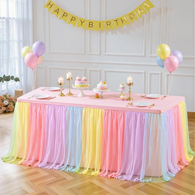 4 Pack 8ft Rainbow Tulle Tablecloths for Rectangle Tables, 8 Foot Rainbow Rectangular Table Cloth Wrinkle Free Tablecover with Tutu Skirt for Baby Shower Girls Birthday Party Banquet Buffet Cake
