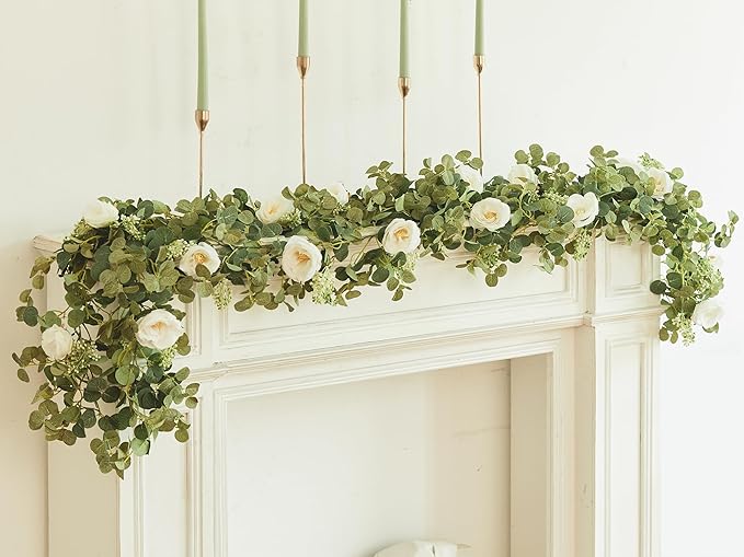 PARTY JOY 2pcs 6.56ft Eucalyptus Garland with Flowers-8 White Roses, Artificial Fake Flowers Greenery Garland Floral Vines for Decoration Party Wedding Table Indoor Outdoor Backdrop Wall Decor(White)