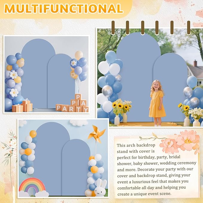 Set of 2 Arch Stand and Cover Set Dusty Blue Wedding Arch Cover 6&7.2ft Metal Arch Backdrop Stand and Covers Set Gold Arched Stands Backdrop for Bride Reception Wedding Party Decorations