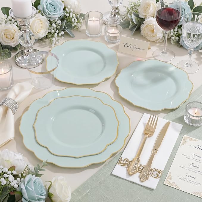 NOCCUR 175PCS Sage Green Plastic Plates with Gold Disposable Silverware - Include 50 Green and Gold Plastic Plates,25 Knives,25 Forks,25 Spoons,25 Cups and 25 Napkins - Ideal for Wedding/Spring Party
