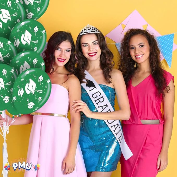 PMU 100 Pcs Emerald Green Graduation Balloons Class of 2025 with All-Over Print White Grad Caps-Confetti and Streamers | Graduation Party Supplies | Congratulations Grad Latex Balloons Latex