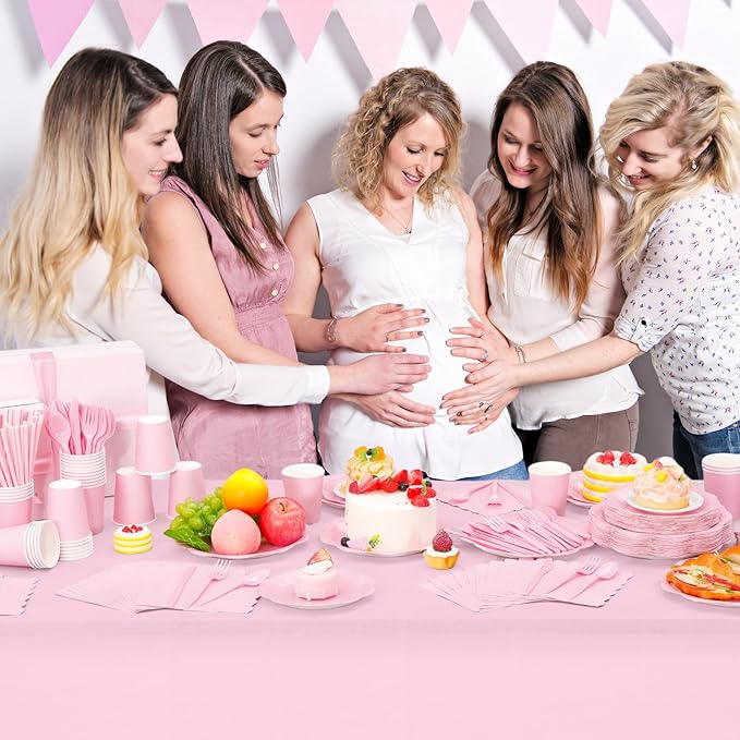 452 Pcs Pink Party Supplies for 50 Guests, Light Pink Scalloped Paper Plates Napkins Cups Plastic Tablecloth Cutlery Straws for Baby Bridal Shower, Birthday Wedding Party Decoration