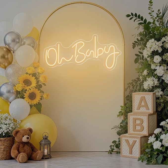 HMT Oh Baby Neon Sign for Backdrop Wall Decor Large Size 19.6×8.6 Inch LED Neon Lights for Baby Shower Decorations Boy and Girl Room Decor LED Light Up Sign for Party Decorations Photo Prop USB (Warm White)