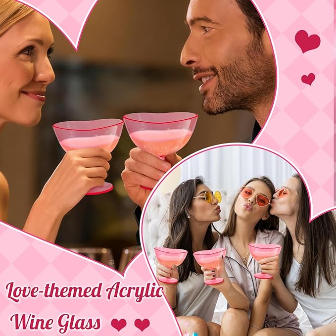 10 Pcs Galentines Day Party Supply Pink Martini Glasses 10 oz Valentine's Day Heart Shaped Martini Glasses Acrylic Heart Shaped Wine Cups for Wedding Bridal Shower Birthday Bachelorette