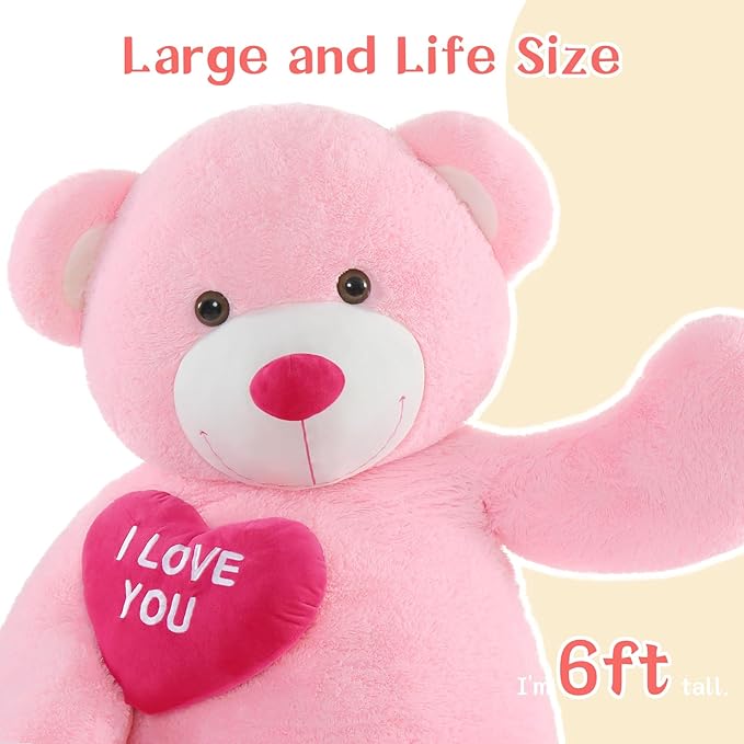 Red Heart Giant Teddy Bear 6ft, Big Teddy Bear Stuffed Animals with Embroidered I Love You for Girlfriend Christmas Birthday, Huge Valentines Teddy Bear Gifts (Pink, 72 inches)
