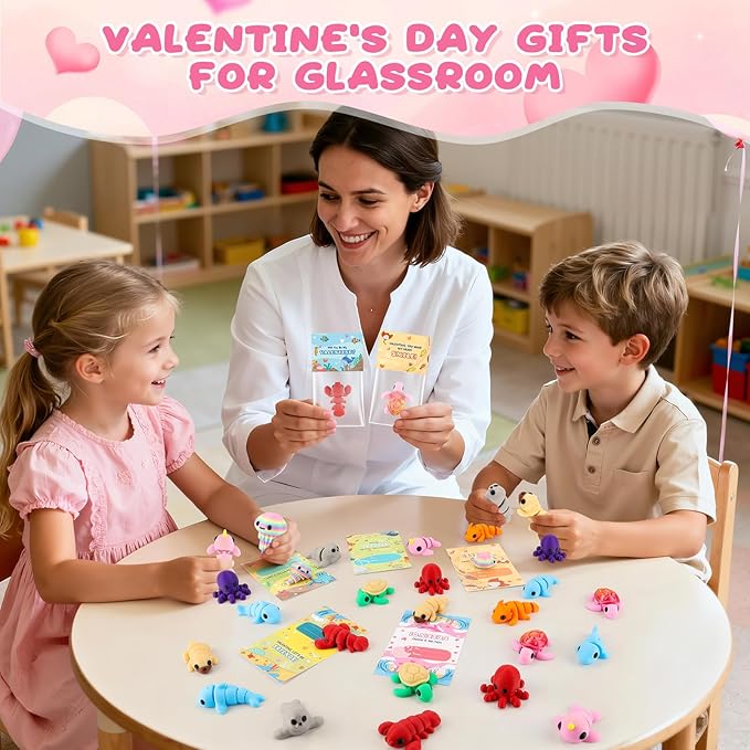 24Pcs Valentine's Day Gift 3D Printed Toys with Valentines Day Cards for Kids Classroom, Valentine's Day School Exchange Gifts, Valentine Party Favor 3D Printed Stuff, Class Exchange Prizes