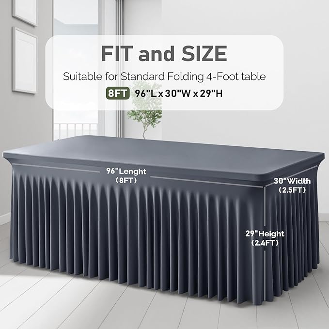 6 Packs Grey Table Clothes for 8 Foot Rectangle Tables, One-Piece Wrinkle Resistant Stretch Spandex Table Covers with Skirt for Event Banquet Wedding Birthday Party