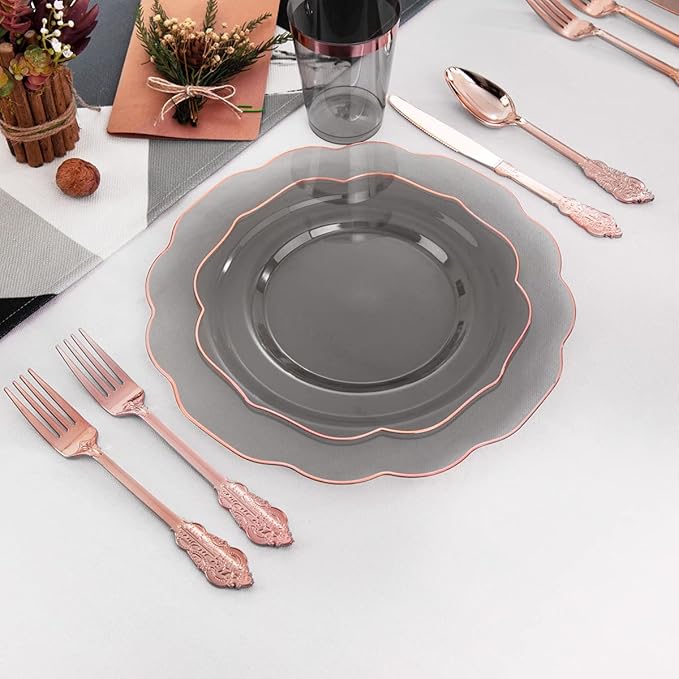 BUCLA 30Guests Clear Black Plastic Plates With Rose Gold Silverware & Cups - Rose Gold Rim Plastic Dinnerware Ideal for Party & Valentines