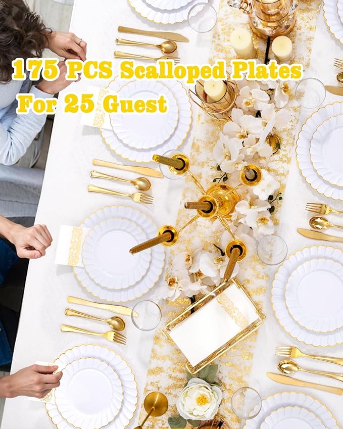 YOUBET 175PCS Gold Scalloped Plastic Plates - White and Gold Disposable Dinnerware Set Include 50 Plates, 75 Gold Silverware, 25 Cups, 25 Napkins for Party & Wedding