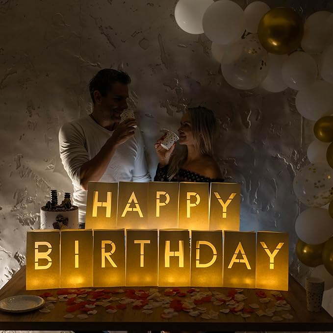 Happy Birthday Decorations for Women & Men - Surprise Set with Light Up Letters, 30 Tea Light Candles, 2000 Red & Pink Rose Petals - Luminary Bags to Create a Beautiful Happy Birthday Banner Sign