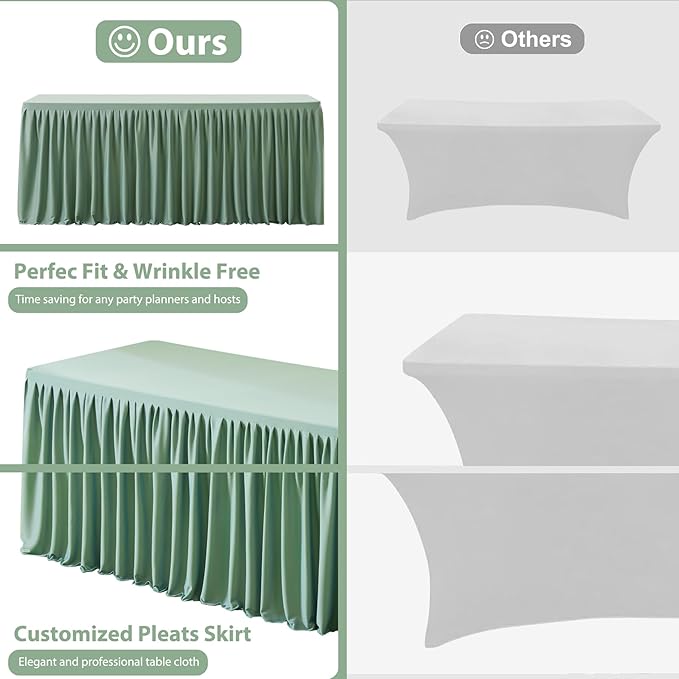 Wish Care 2 Pack Sage Green Rectangle Table Clothes for 4 Foot Tables, Polyester Fitted Tablecloths 4ft Stretch Table Cover for Wedding, Birthday, Parties, Trade Show, Craft Show