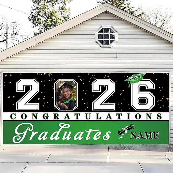 Custom Graduation Garage Door Banner Decoration 7x16ft with Photo Congrats Garage Door Cover 2026 Party Photo Booth Backdrop Party Supplies(Light Green)