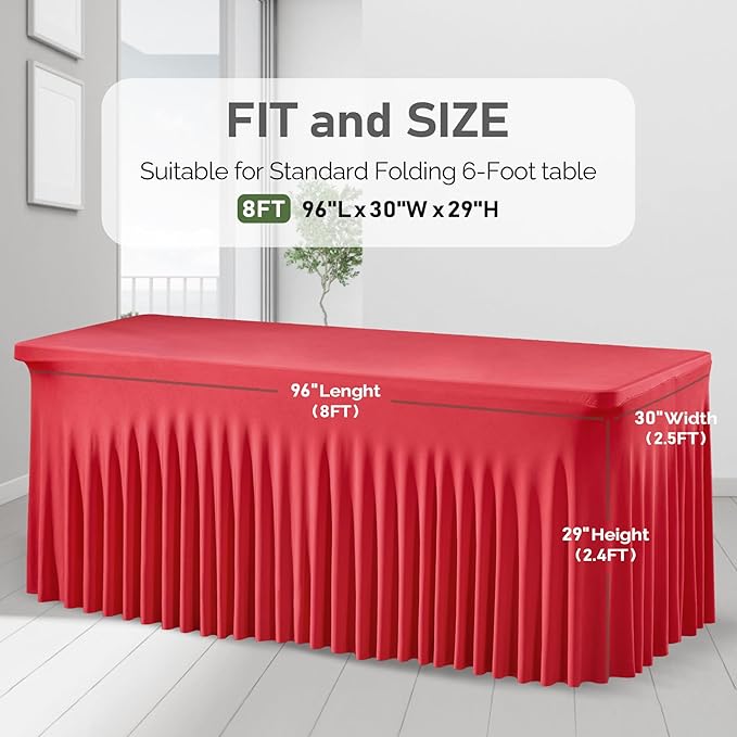 6 Packs Red Table Clothes for 8 Foot Rectangle Tables, Wrinkle Resistant Stretch Spandex Table Covers Fitted Tablecloth with Skirt for Valentines Event Banquet Wedding Birthday Party