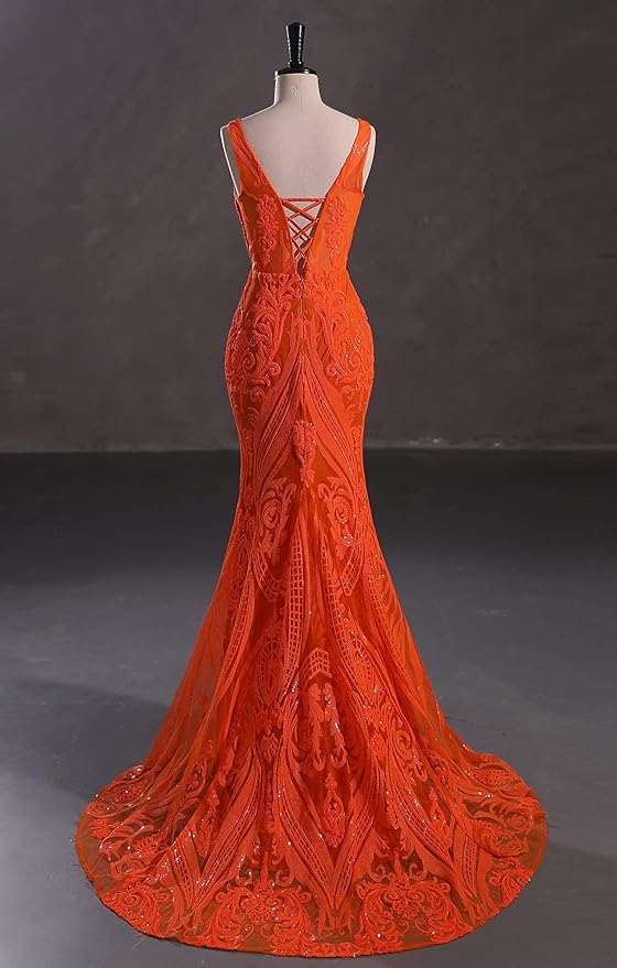Women's Double V-Neck Sequins Lace-up Mermaid Evening Dress