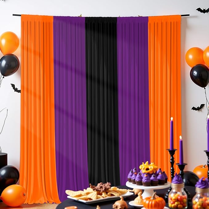 Halloween Backdrop Curtain - 10×10ft Black Orange Purple Party Background Decor for Spooky Parties, Photo Booths, Home Haunted House, Reusable Holiday Wall Decoration for Adults Teens