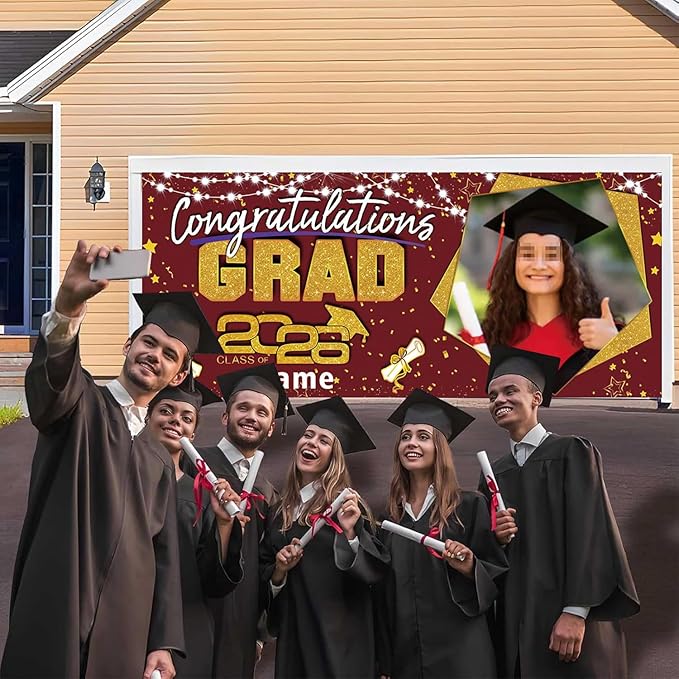 Custom Garaduation Garage Door Banner Cover 16 x 7 ft Class of 2026 Congrats Grad Party Backdrop Personalized Graduation Decoration(Maroon and Gold)