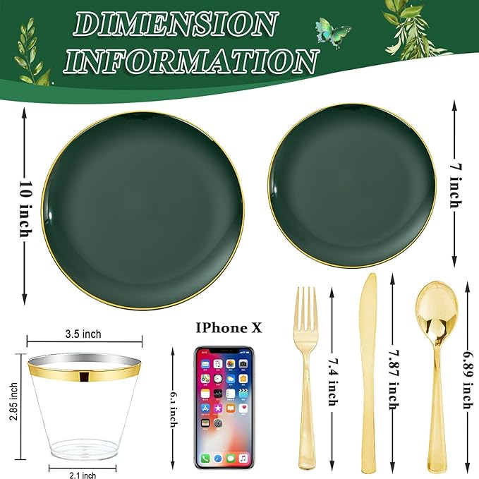 WDF 150Pcs Green Plastic Plates - Green Plates Disposable with Gold Rim - 25Guest Disposable Dinnerware Include 50 Plastic Plate, 75 Gold Cutlery & 25 9oz Cups for St. Patrick's Day