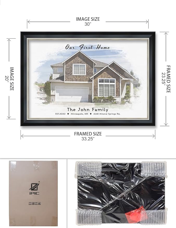 IPIC - Custom Watercolor House Portrait. Personalized Framed Artwork Housewarming Gift Customized Giclee Prints, Custom Giclee Print Includes Names and the Special Date. Framed size: 33.25 x 23.25