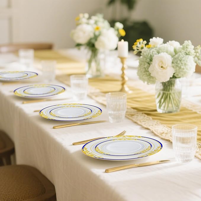 MENDENG 50Pcs Disposable Plastic Plates for Party, 25x7.5Inch & 25x10.25Inch Elegant Fancy Plastic Wedding Plates Disposable, Heavy Duty Dessert Party Dinner Plates