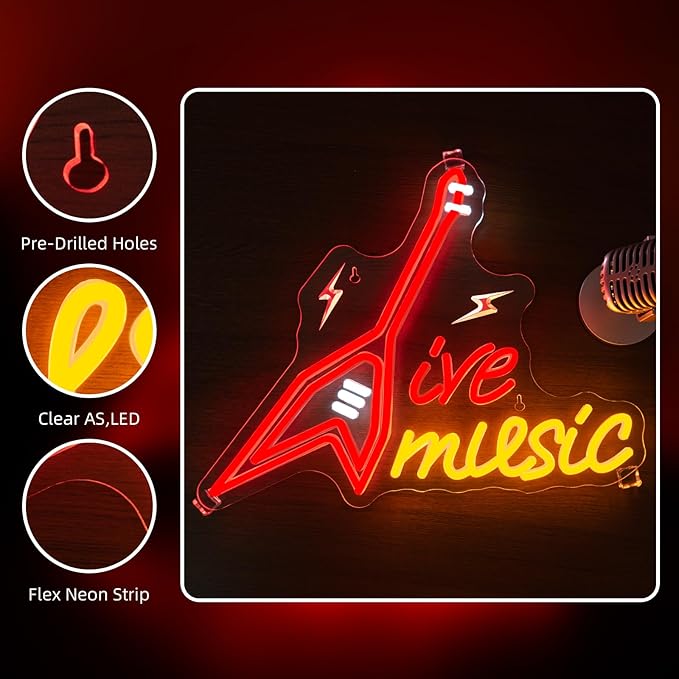 NOSUN Guitar Neon Sign Live Music Neon Wall Sign Decor for Bedroom Living Room Man Cave Music Studio Gift for Guitar Players Guitarists Lovers