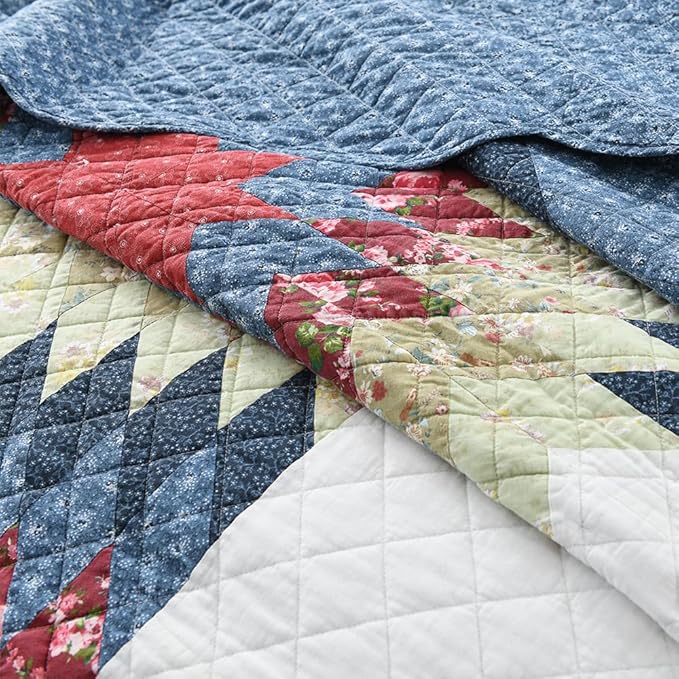 Cotton Bedspread Quilt Bedding Sets 3 Pieces Reversible Coverlets Real Patchwork Star Red Blue Bedspread, Queen Size