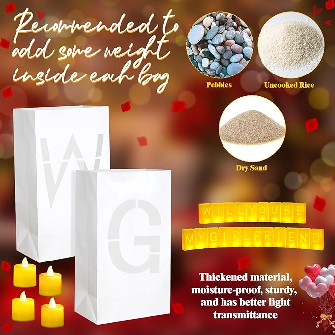 6093 Pcs Will You Be My Girlfriend Light up Letters with LED Flameless Tealight Candle Red Rose Petal Letter Luminary Paper Bag for Valentine's Day Decoration Romantic Special Night Decor