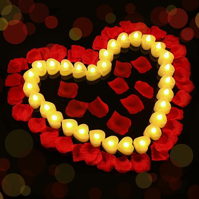 Coume 6000 Pcs Artificial Rose Petals with 120 Pcs Heart LED Tea Lights Candles Kit Valentines Rose Petals Candles Set for Romantic Night Anniversary Proposal Wedding Date Hotel(Warm White Light)