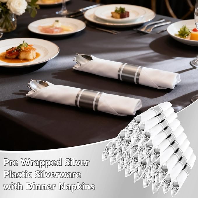 100Pack Wrapped Silver Plastic Silverware Sets - Heavy Duty Plastic Silverware Include Pre Rolled Disposable Utensils with Napkins for Parties & Dinners & Weddings