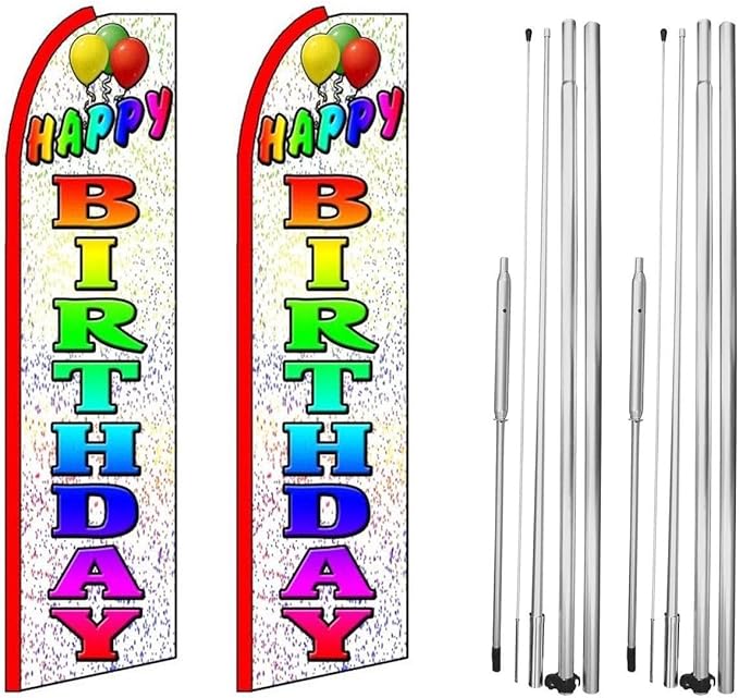 Happy Birthday Feather Flag | 3ft W x 11.5ft H | Durable Super-Knit Polyester with Aluminum Flagpole and Ground Spike | Outdoor Advertising Banner Flag for Promotions | Two Kits w/Hardware