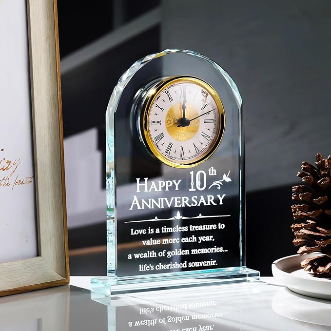 YWHL 10 Year Anniversary Clock Gifts for Her, 10th Wedding Anniversary Glass Keepsake Gift for Couple (Battery not Included