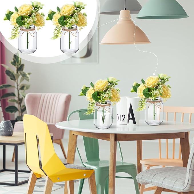 XunYee 10 Set Mason Jar Table Centerpiece with Flower Mason Jar Flower Centerpiece Vases Decor for Engagement Party Bridal Shower Centerpieces Wedding Reception Table Decor(Gypsophila Rose)