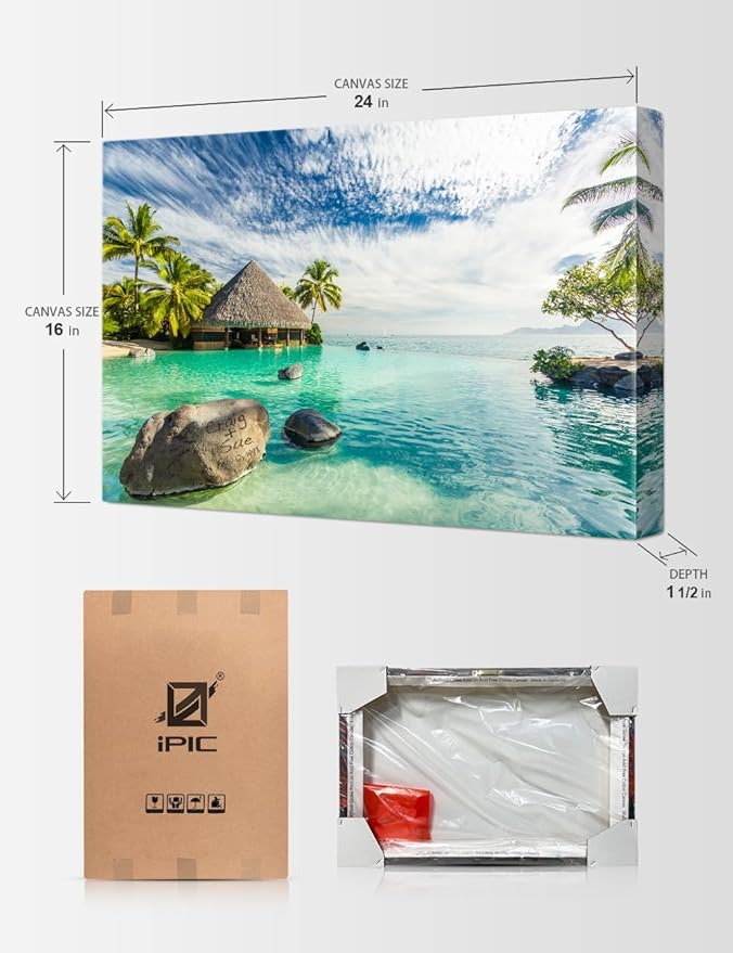 IPIC - "Tropical Memories Personalized Canvas Wall Art, Custom Beach Canvas Print with Name and Date on Rock, A Personalized Gift for Couple, Wedding, or Anniversary, Coastal Home Decor