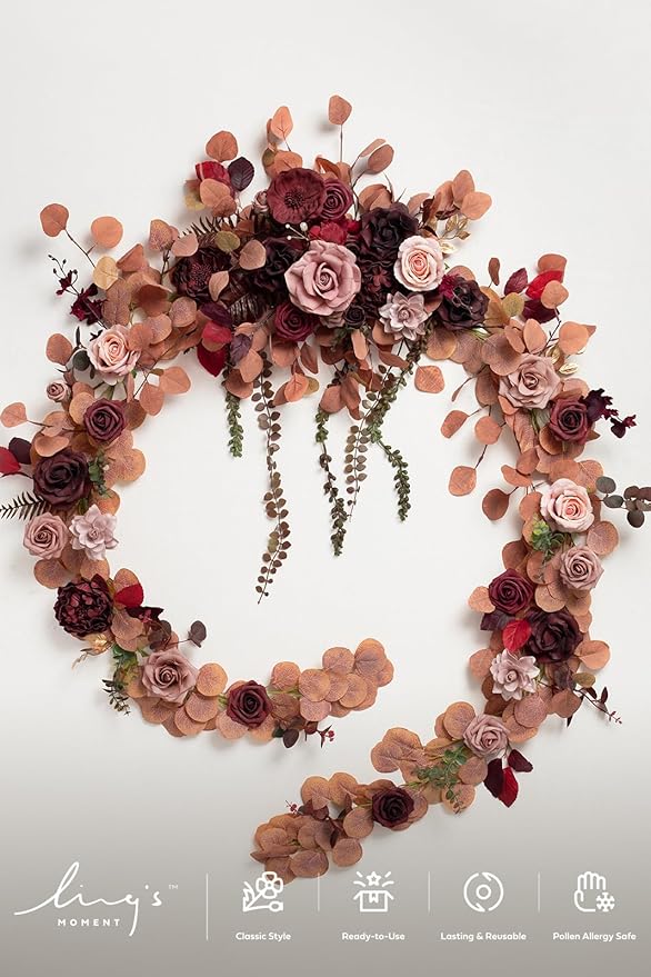 Ling's moment 9FT Eucalyptus and Willow Leaf Garland with White Flower, Handcrafted Wedding Sweetheart Table Centerpieces Head Table Decor Arch Backdrop Decorations for Wedding | Burgundy & Dusty rose
