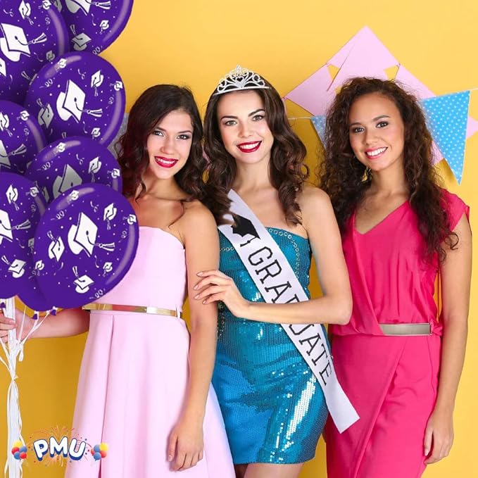 PMU 100 Pcs Purple Graduation Balloons Class of 2025 with All-Over Print White Grad Caps-Confetti and Streamers | Graduation Party Supplies | Congratulations Grad Latex Balloons Latex