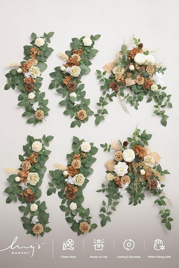 Ling's moment 9FT Spring Flower Garland for Backdrop Decorations - Wedding Arch Flowers, Eucalyptus & Rose, Artificial Floral Garland for Mantel - Sweetheart Table Decor for Reception, Beige Brown