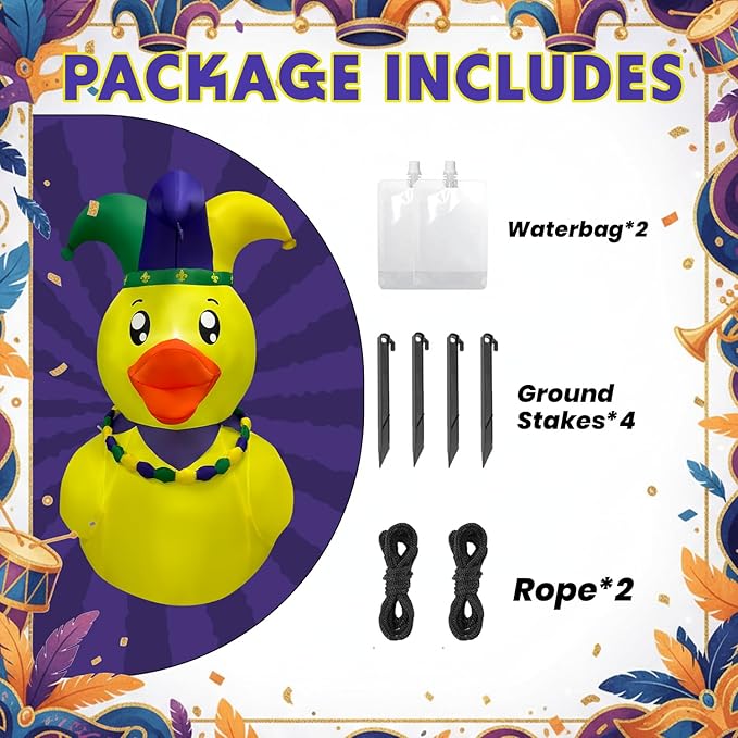 5FT Mardi Gras Duck Inflatable Yard Decorations, Mardi gras Decorations Outdoor with LED Lights, Carnival Duck Blow Up for Lawn and Garden