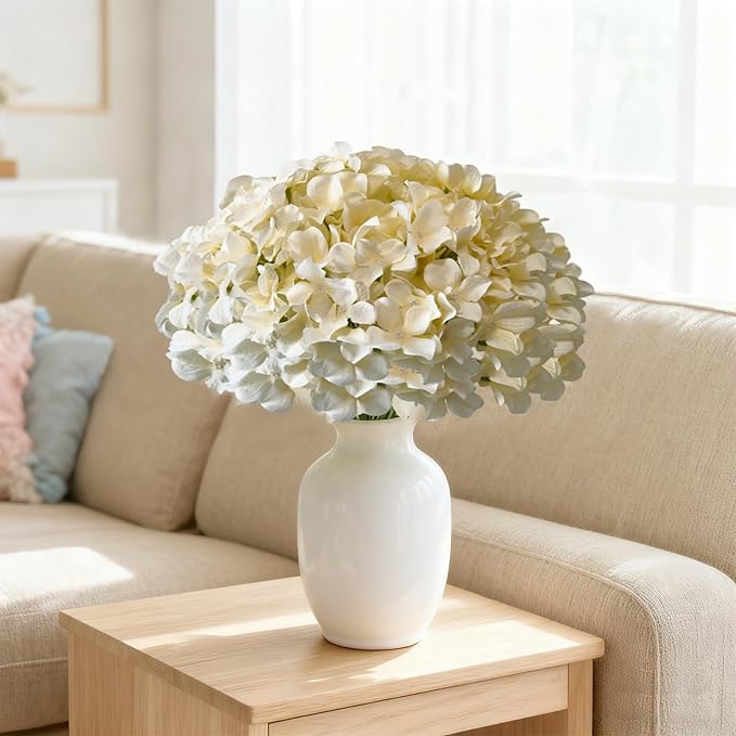 65Pcs Champagne Hydrangea Artificial Flowers Bulk,Realistic Silk Fake Flowers with Stems,Faux Hydrangea Flowers for Wedding Home Decor Centerpieces Living Room Garden Party Baby Shower Decor
