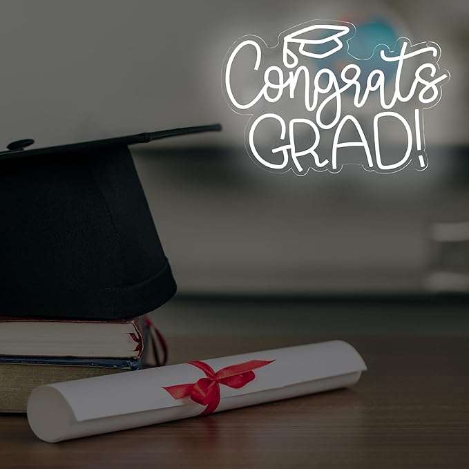 Congrats Grad Neon Sign - 11.3 * 16.7 Inch White Adjustable LED Graduation Decorations for Class of 2026 Party Room Dorm Backdrop Celebration Gifts Graduation Gift